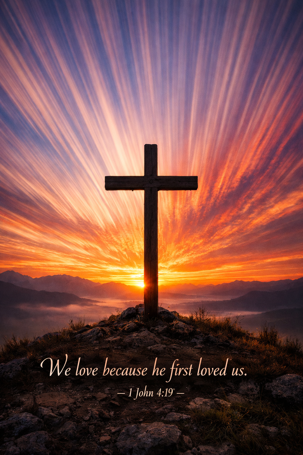 1 John 4:19 Bible verse phone wallpaper - We love because he first loved us - wooden cross on hilltop with radiant golden sunset rays streaming outward